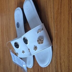 Karl Lagerfeld White Slide Mules with Gold Charm Accents, Size 7 NWOB